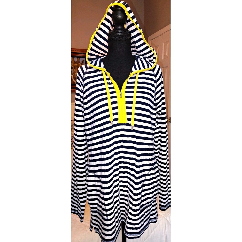 Lauren Active Ralph Lauren XL Striped Half-Zip Hoodie Navy Yellow Pockets